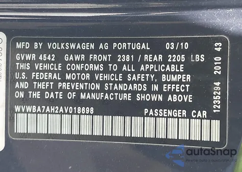 2010 Volkswagen Eos Komfort z USA, uszkodzony, nr VIN WVWBA7AH2AV018698